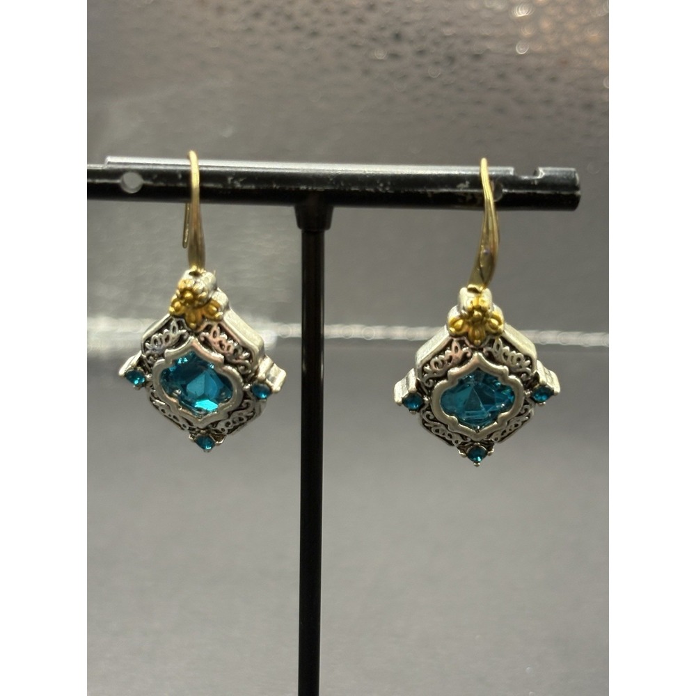 EUC Sterling Silver Two Tone Blue Glass Dangle Earrings 8 Grams H5